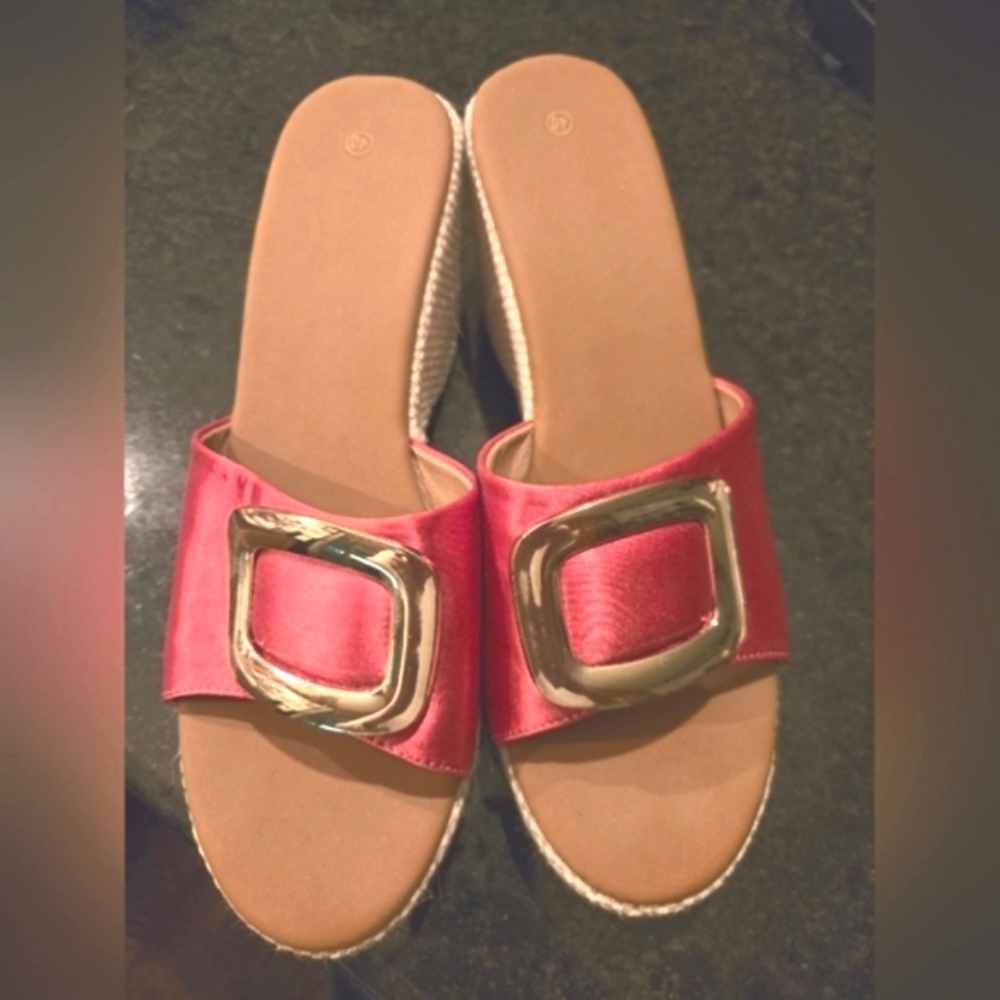 Hot pink platform wedge sandles/mules.